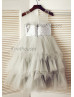 Sheer Neck Silver Sequin Gray Ruffled Tulle Wedding Flower Girl Dress